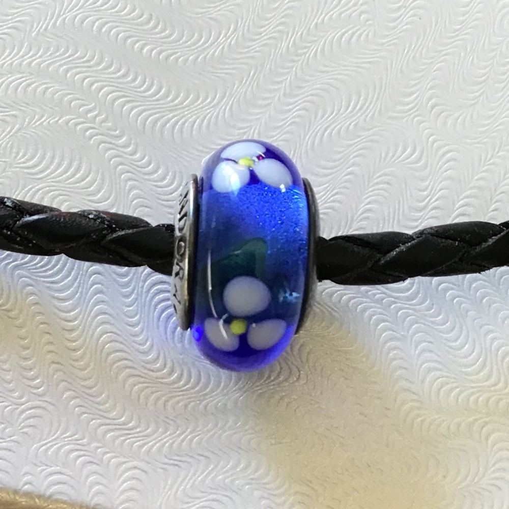 Pandora Blue Murano Glass Bead White Flowers 925 Retired